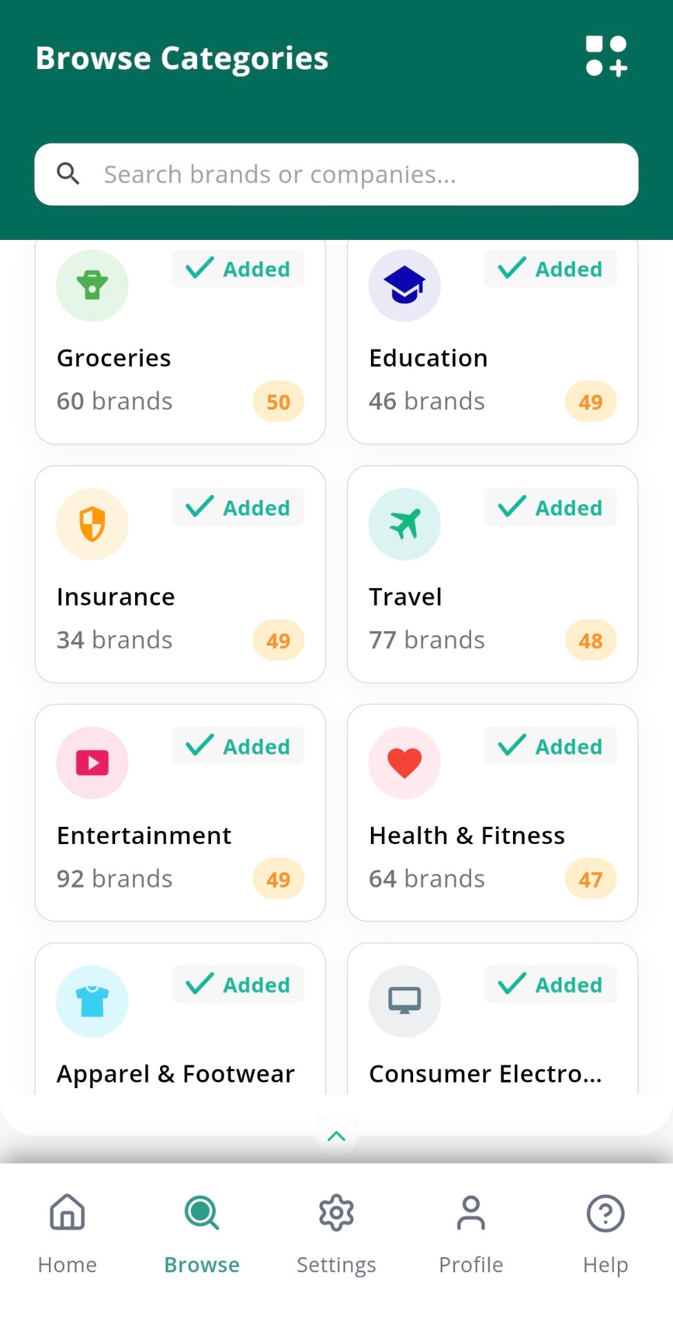 Browse categories screen showing grocery brands with impact scores and ranking
