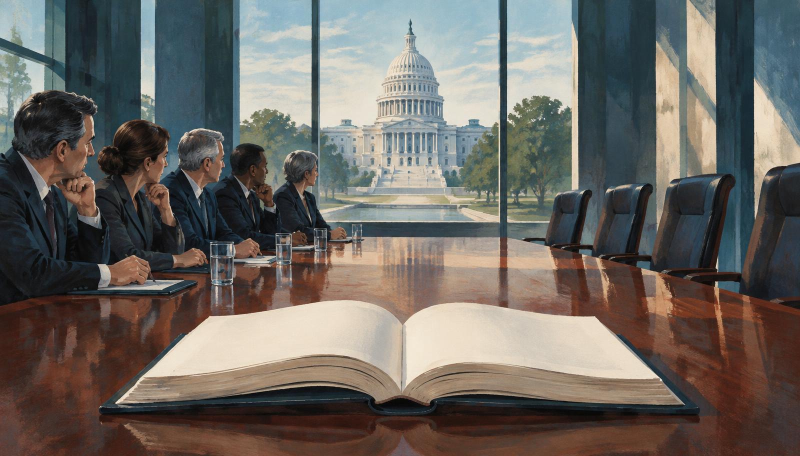 Editorial illustration of an open book on a boardroom table, executives facing empty chairs, and the U.S. Capitol beyond the windows.
